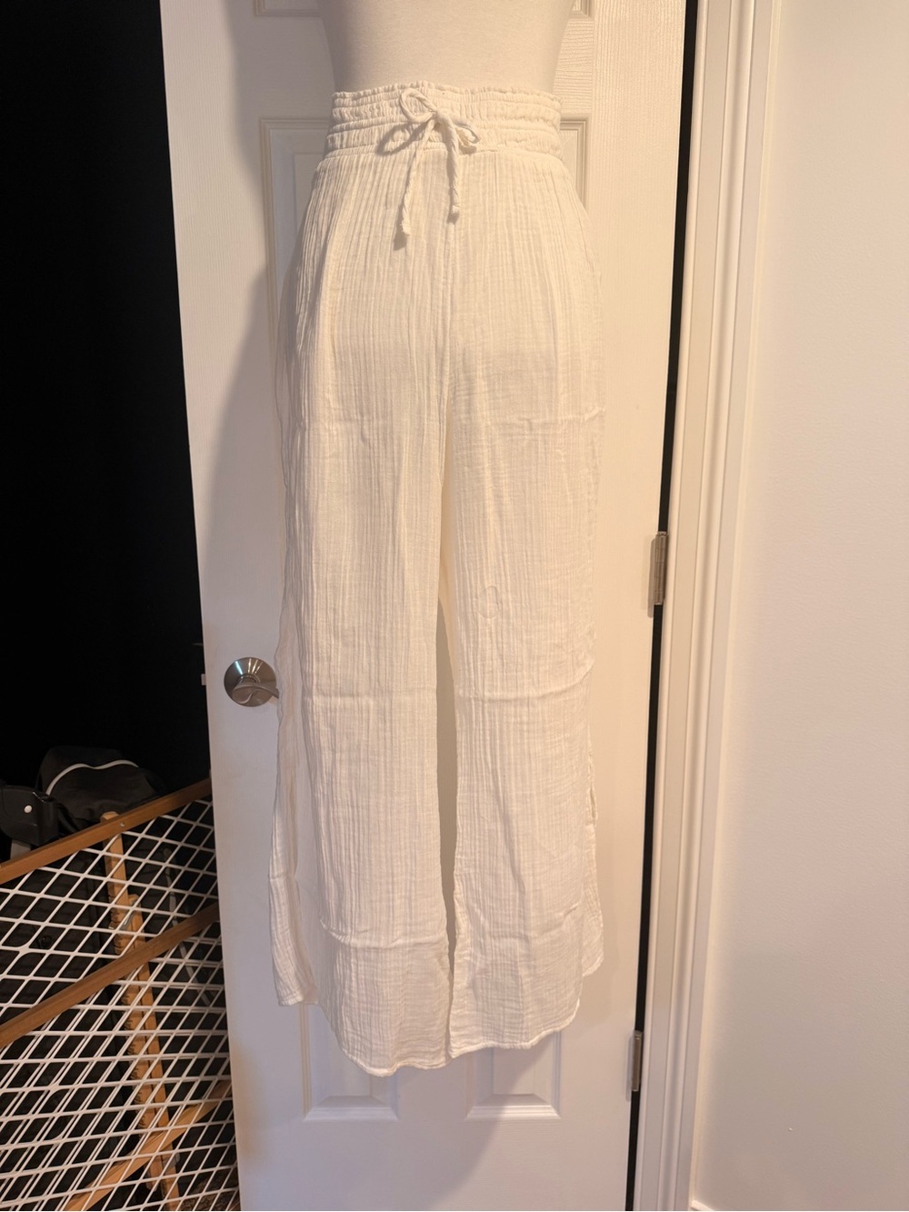Abercrombie & Fitch Cream Wide-Leg Gauze Drawstring Pants